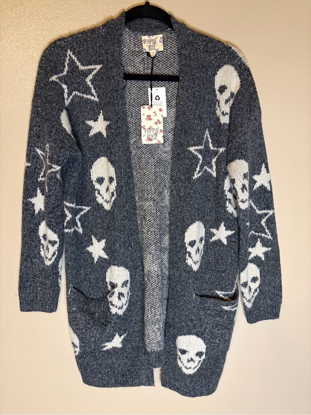 Hippie Rose Charcoal Gray Open-Front Skull & Star Cardigan Sz M